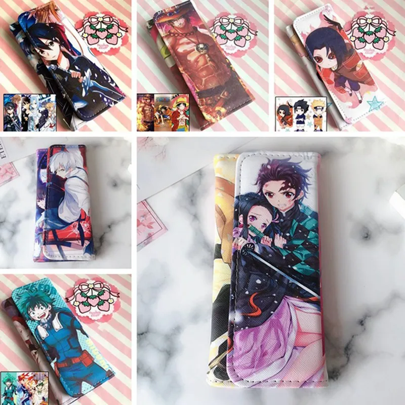 Anime Demon Slayer Kimetsu no Yaiba-billetera larga de cuero PU, monedero con soporte para varias tarjetas de dibujos animados, Kamado, Tanjirou