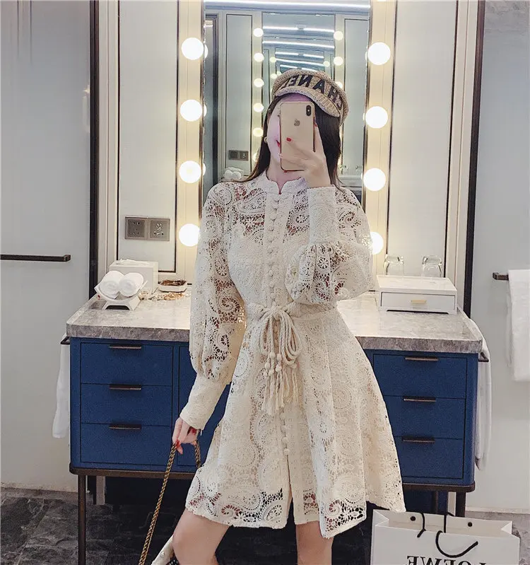 Fashion Runway Dress Women Summer Lace Embroidery Hollow Out White Dresses Elegant Long Sleeve Lace-up Slim Party Dress