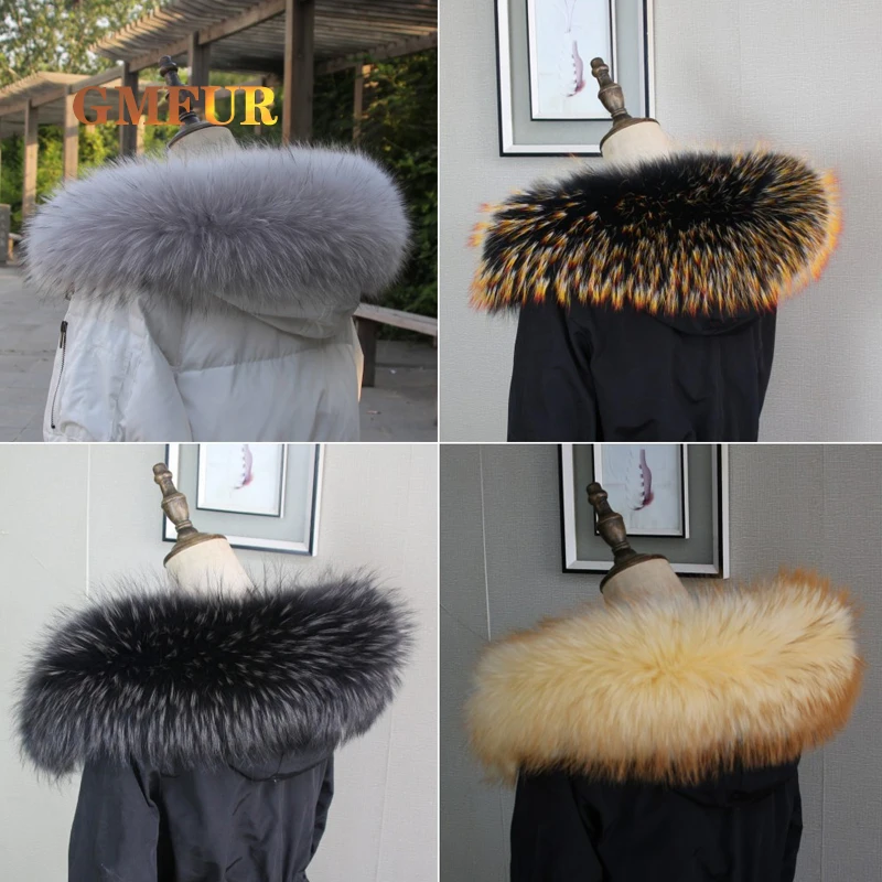 100% Real Raccoon Fur Collar Womens Natural Luxury Big Size Genuine Coat Collar Shawl Black Color Neck Warm Scarves Female