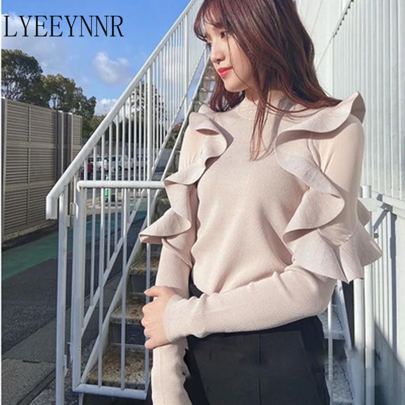 LYEEYNNR O Neck Pullover Long Sleeve Knit Sweater Women Ruffles Patchwork Slim Fit Pull Femme Spring 2021 New Sueter Mujer Aa562 | Женская