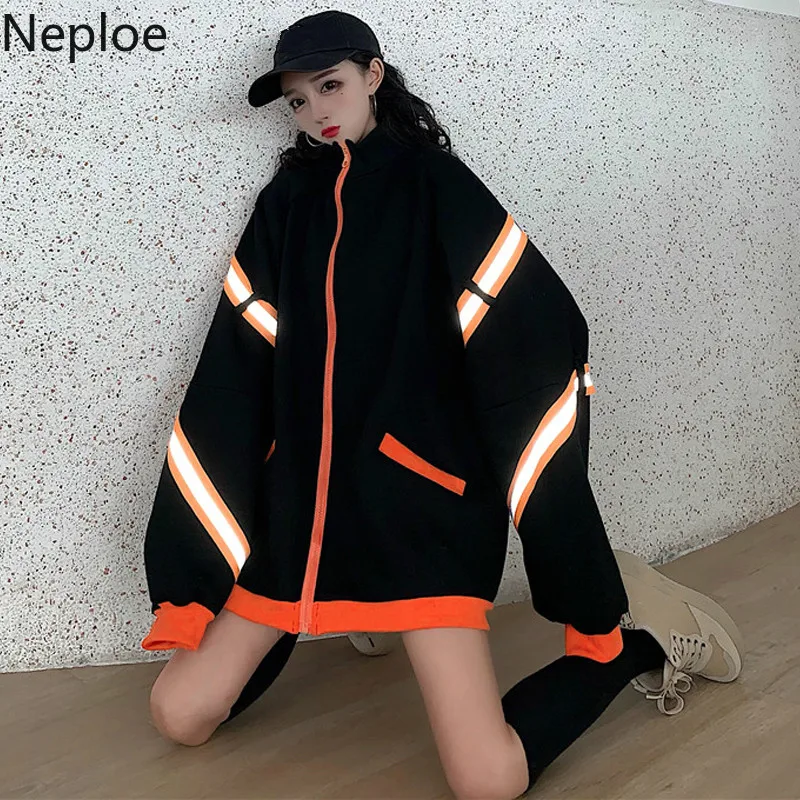 Neploe Harajuku уличная куртка больших размеров для мужчин и женщин флисовые зимние пальто контрастных цветов Свободные куртки на молнии со стоячим воротником 56442
