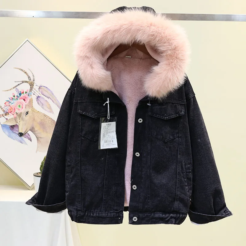 Pink fur collar Зимняя женская Корейская Вельветовая черная джинсовая куртка с капюшоном, Женская Повседневная куртка с воротником из лисы+ подкладка из овечьей шерсти, теплая Джинсовая Верхняя одежда - Цвет: Pink fur collar