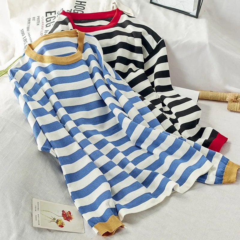 

NiceMix Autumn Winter Women Casual Sweater O-Neck Striped Colors Pullovers Acrylic Computer Knitted Long Sleeve Sweater Tops