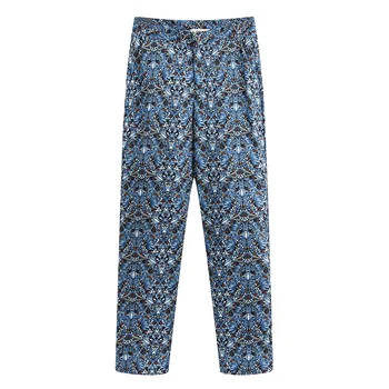 

2020 Spring Women's New Retro High Waist Drop Pockets with Flower Print Front Zip Straight Legs Elastic Waist Wide Leg Pants