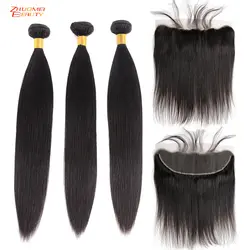 Zhuomei бразильские прямые пучки волос плетение с 13x4 синтетический фронтальный с пучками P человеческие волосы, удлиняющая накладка на волосы