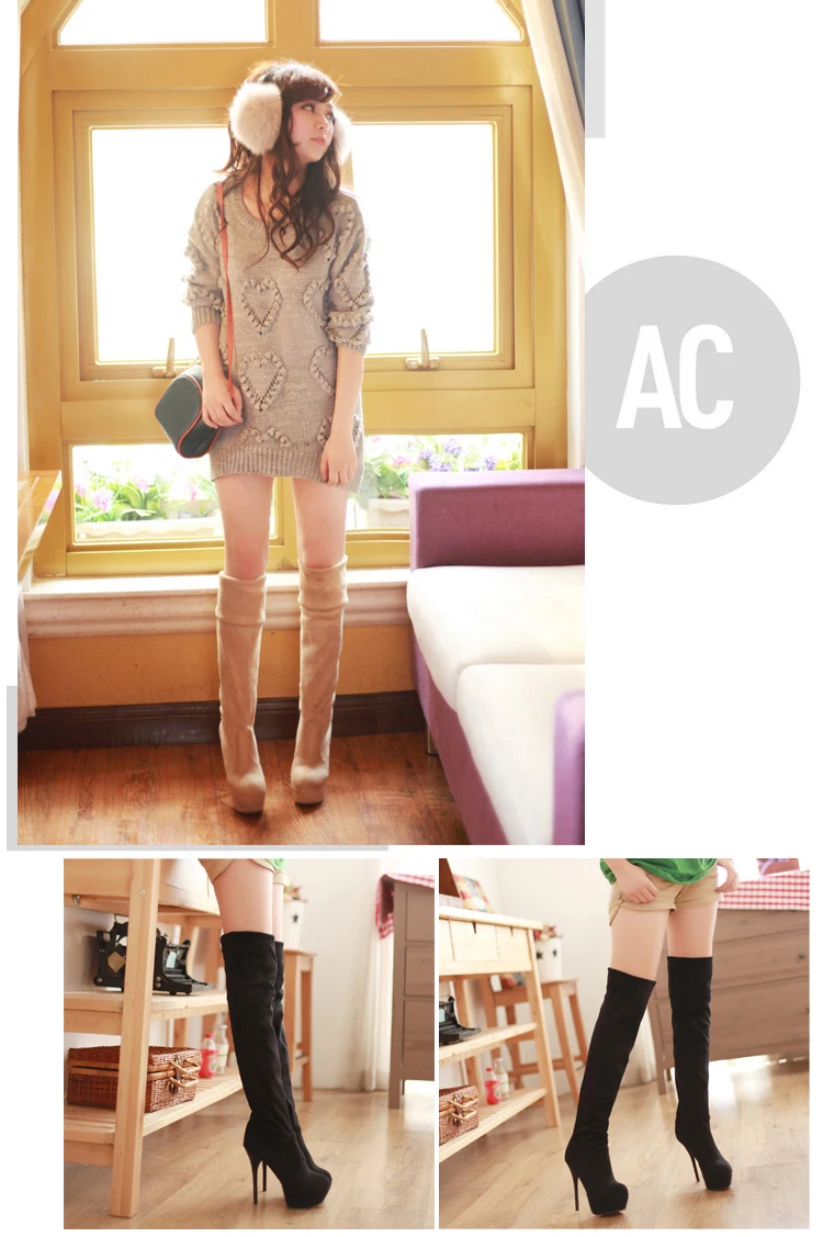Super High Waterproof Platform Stiletto Heel Winter Women's Flock Boots Short Plush High Heel Large Size Over-The-Knee Boots