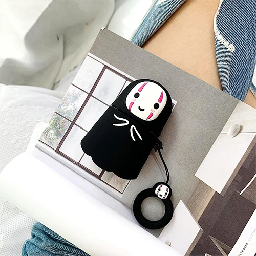 Забавный силиконовый чехол для Apple Airpods 1 2 Bluetooth наушники аксессуары зарядная коробка защитный чехол японский призрак палец кольцо - Цвет: Черный
