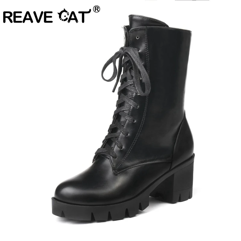 Женские ботильоны на платформе REAVE CAT осенне зимние черные массивные ботинки в