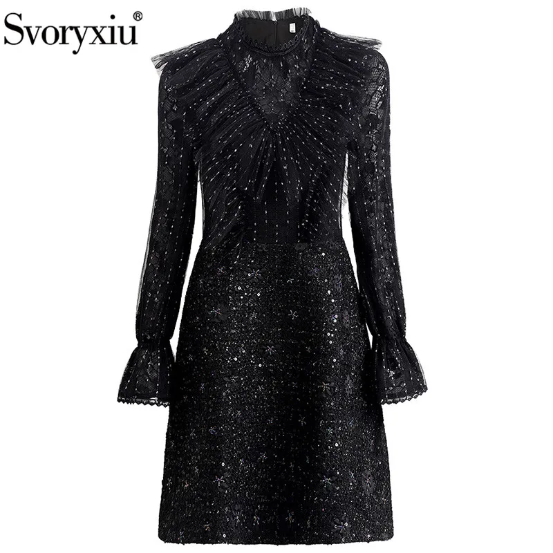 

Svoryxiu Designer Autumn Winter Black Tweed Dress Women's Elegant Lace Flared Sleeves Beaded Applique luxury Dress Vestdios