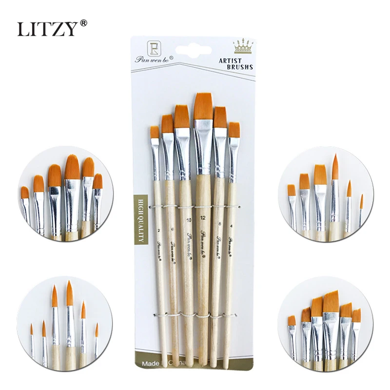

LITZY 6pcs/set Watercolor Brushes Pens Round Flat Pointed Tip Nylon Hair Painting Brush Set for School Drawing Art Supplies Gift