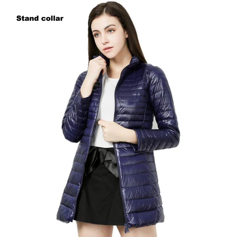 stand collar navy Женский пуховик, брендовая новинка, зимние теплые куртки, женский длинный светильник, пуховик на белом утином пуху, 5XL, 6XL, 7XL, ультра-светильник, пальто с капюшоном - Цвет: stand collar navy