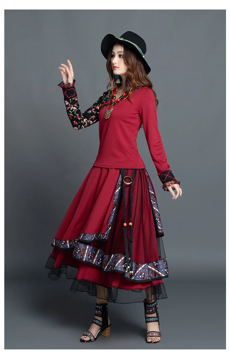 Faldas mujer moda винтажные юбки женские Осень Зима Мехико стиль этнические Дизайнерские Длинные темно-синие асимметричные юбки