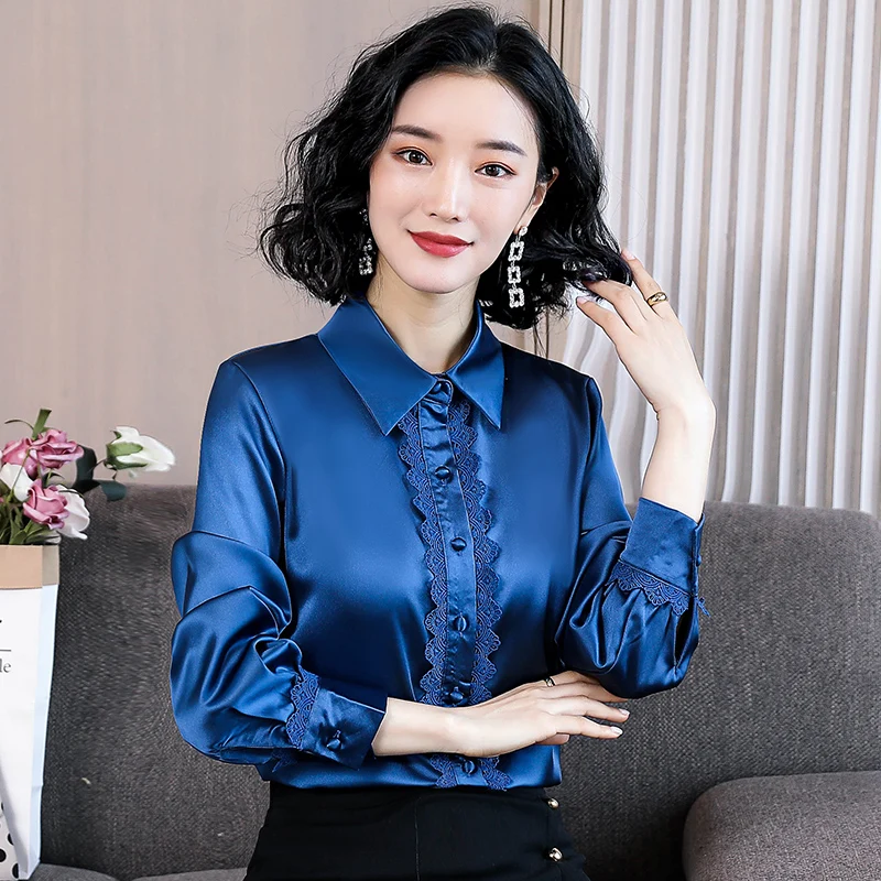 Блузка Женская атласная с длинным рукавом Модная шелковая рубашка в Корейском