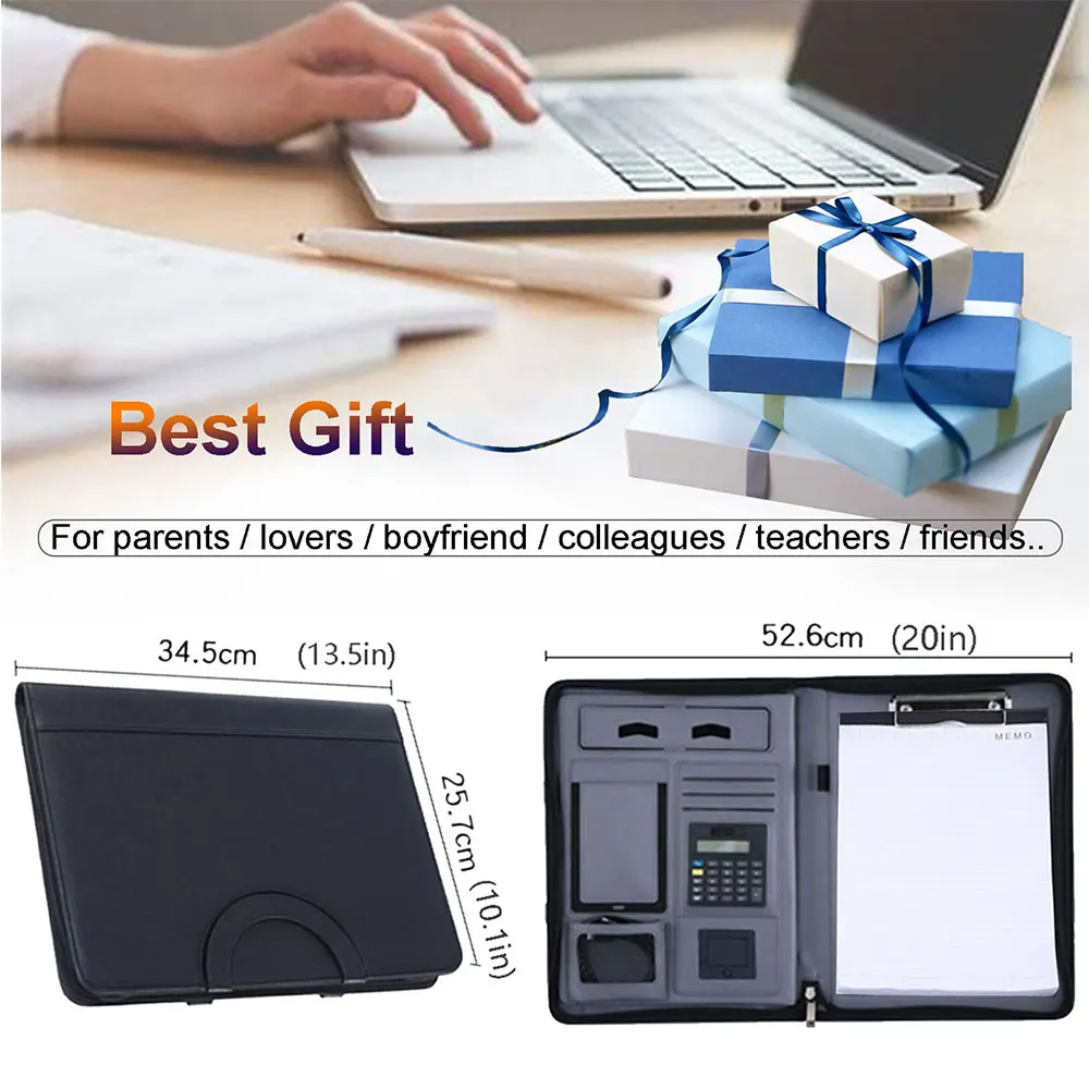 A4 Leather Folder Wireless Charging Portfolio Zipper Binder Business Padfolio Organizer Calculator 8000mah Power Bank Briefcase document bag leather folder