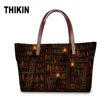 

THIKIN Vintage Library Book Shelf Printing Woman Designer Large Bolsa Women Handbags Tote Shoulder Bag Feminina Sac A Main