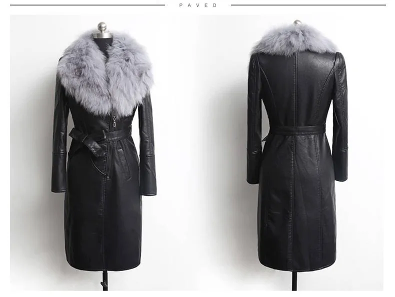 Женская бархатная куртка из искусственной кожи, модная длинная куртка из искусственной кожи с большим меховым воротником, Женская Толстая зимняя куртка, новинка