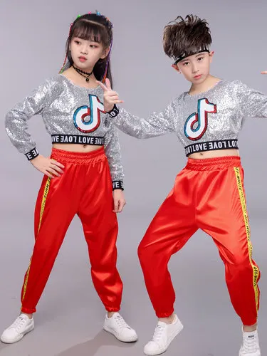 New Children Modern Jazz Dance Hip Hop Costume Boys Girls Sequined Cheerleading Performance Clothes Stage Wear Silver and red pants