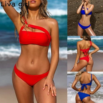 

Liva girl Solid Bikini Swimsuit Push Up Hollow One shoulder Swimwear Sexy Padded Bathing Bordered Bikinis Summer Bathing Suit 20