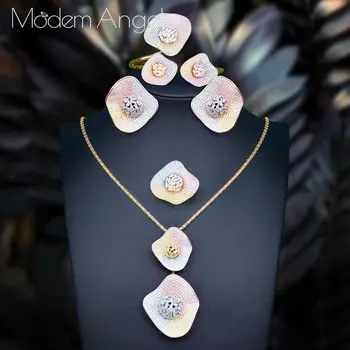 

ModemAngel Luxury Lotus Leaf NECKLACE Sets Nigerian Dubai Jewelry Sets For Women Cubic Zircon Wedding Bridal Jewelry Sets