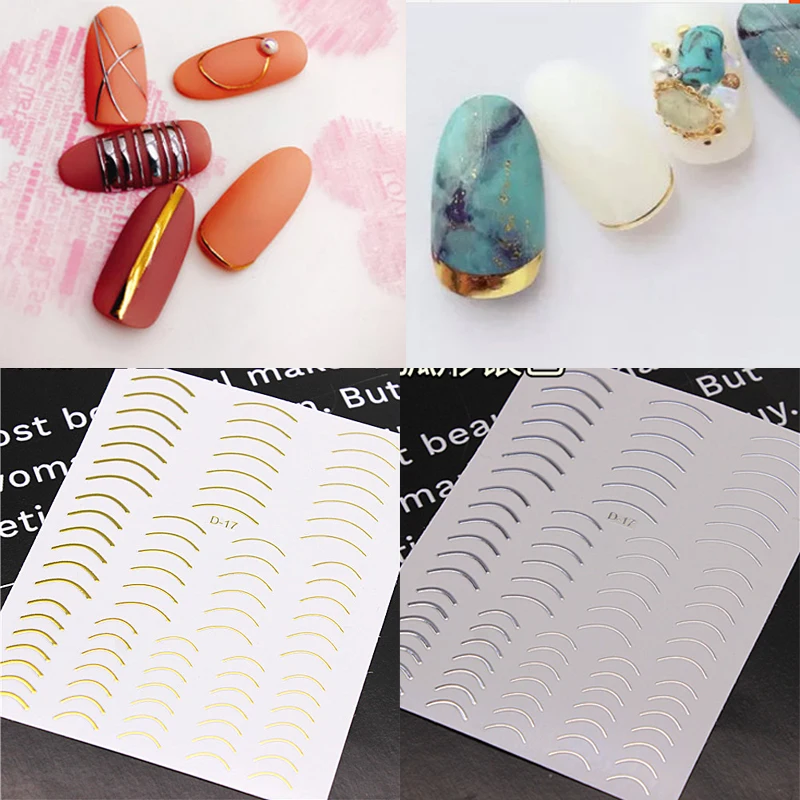 

1 Sheet Gold Silver Sliders 3D Nail Stickers Straight Curved Liners Stripe Tape Wraps Geometric Nail Art Decorations Manicure