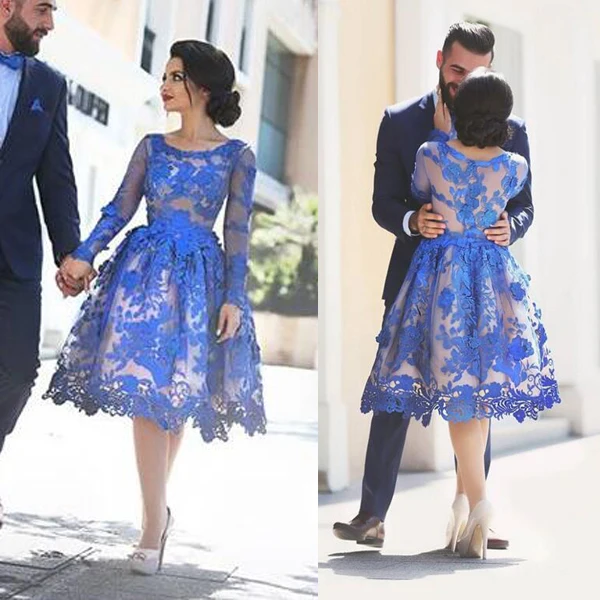 SuperKimJo Vestidos Largos De Fiesta Кружева Аппликация Короткие Выпускные платья королевский синий с длинным рукавом Дешевое платье для выпускников
