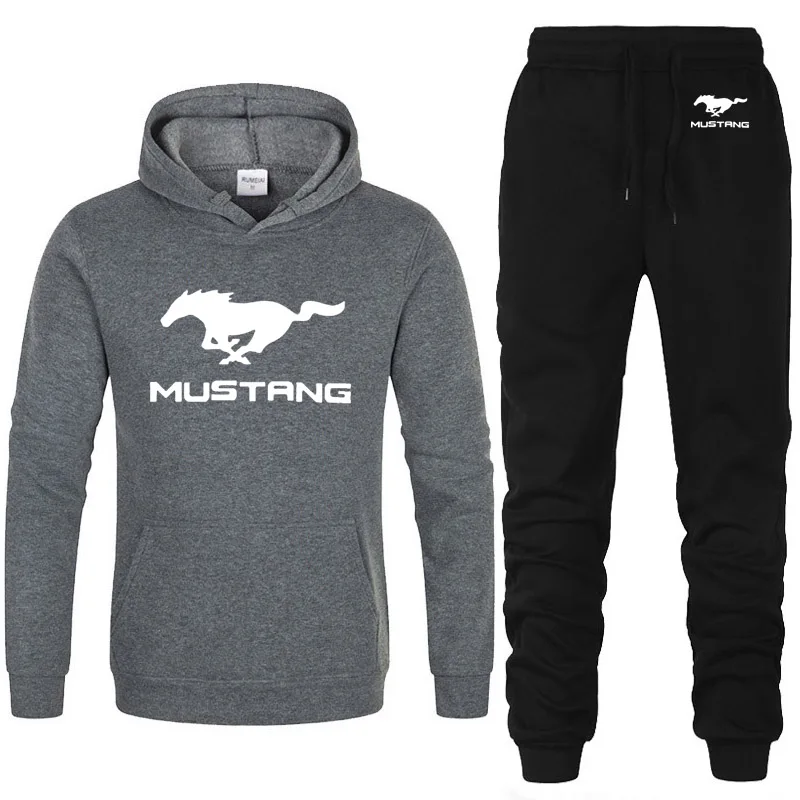 Мужские толстовки Mustang с логотипом автомобиля, унисекс, толстовка, модная мужская толстовка в стиле хип-хоп, harajuku, повседневные флисовые худи, штаны, костюм из 2 предметов