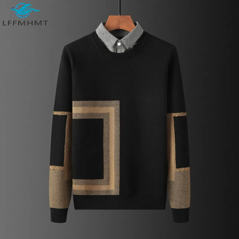 Suéteres de punto grueso para hombre, Jersey masculino de manga larga con solapa de diseño geométrico a la moda