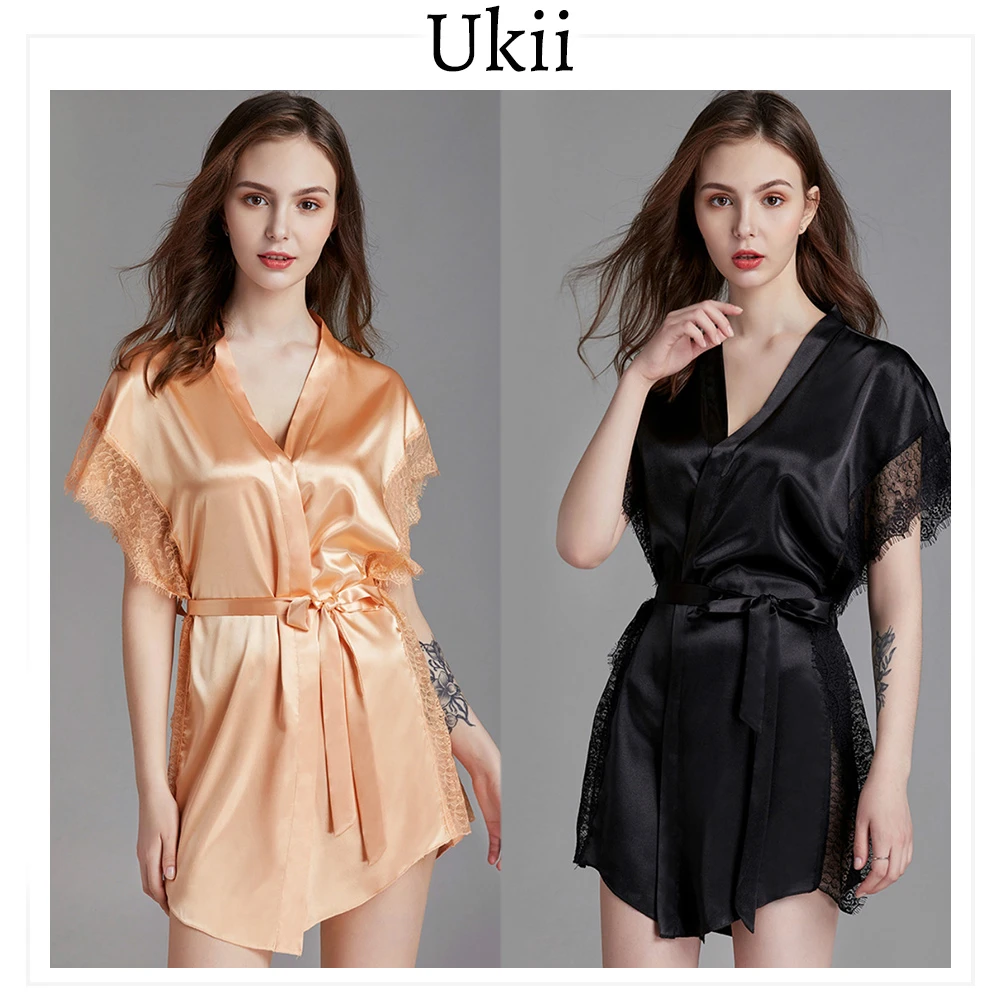 

Ukii Lounge Set Women Silk Lace Night Dress Short Pajamas 2 Piece Sets Sexy Summer 2020 Night Gown Sleepwear Nightwear Homewear