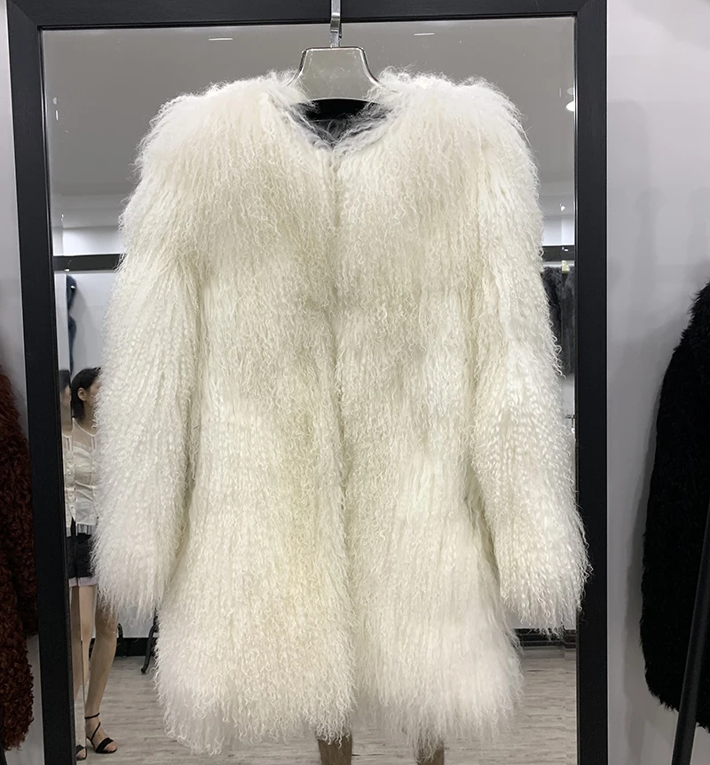 Белый Rf1927 зимние Роскошные настоящие монгольские Овцы пальто с мехом для женщин Полный Пелт натуральный мех пальто с длинным рукавом модная куртка из натурального меха - Цвет: Белый