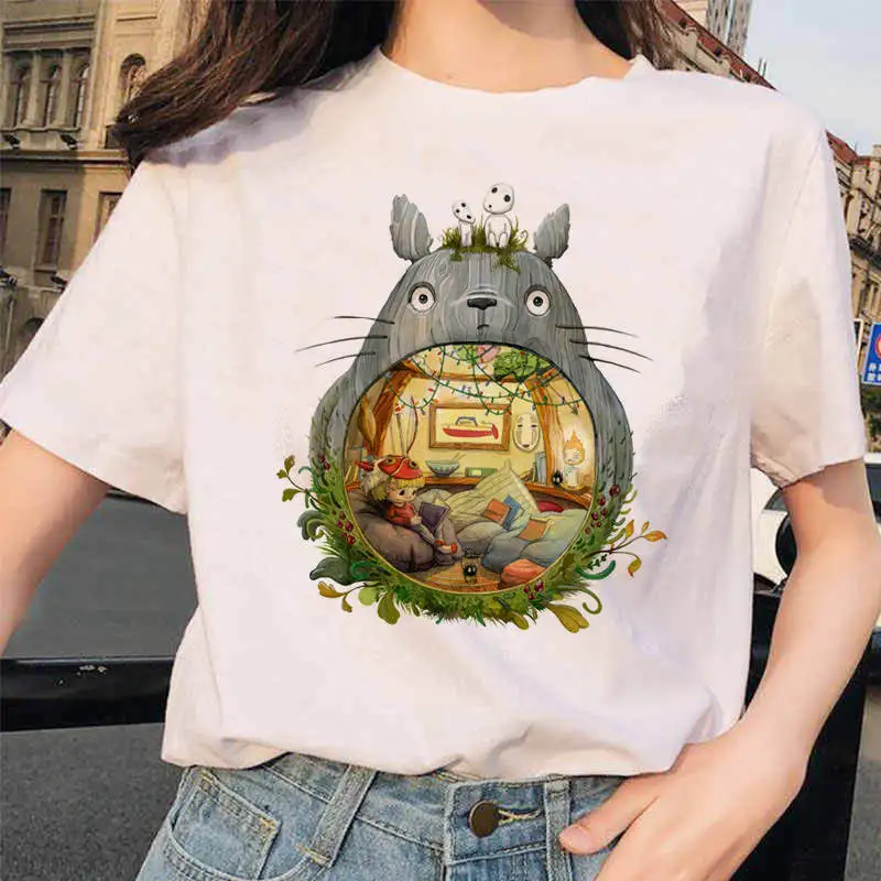 white 90s Харадзюку Тоторо Унесенные призраками студия Ghibli femme Футболка японская женская ulzzang футболка аниме Хаяо Миядзаки женская футболка - Color: white