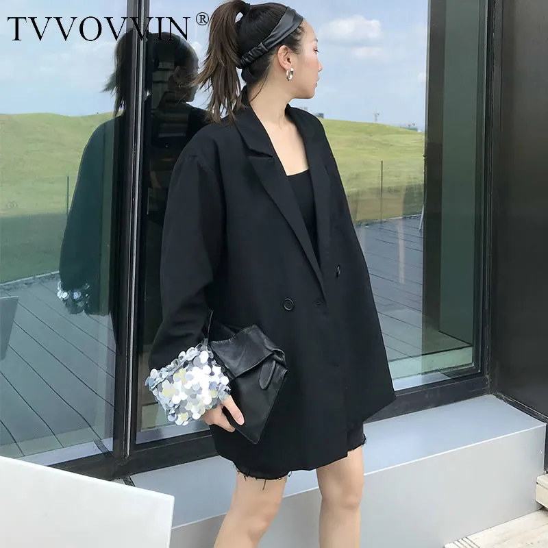 TVVOVVIN лоскутный блейзер с пайетками для всех, черный, женская одежда, воротник с вырезами, однобортное пальто с карманами, топ, осень, D188
