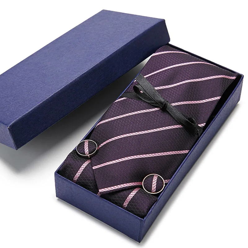 

Tie Set 3pcs for Men Formal Wedding Party 100% Silk Purple Striped Tie Set Business Hanky &Handkerchief &CuffliTie Gift Box