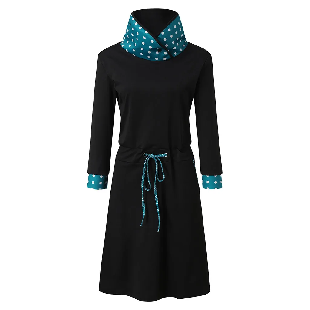Vestidos/женское платье с воротником-хомутом, с длинным рукавом, в горошек, в стиле пэчворк, с завязками на талии, милое платье размера плюс, ropa mujer sukienki robe