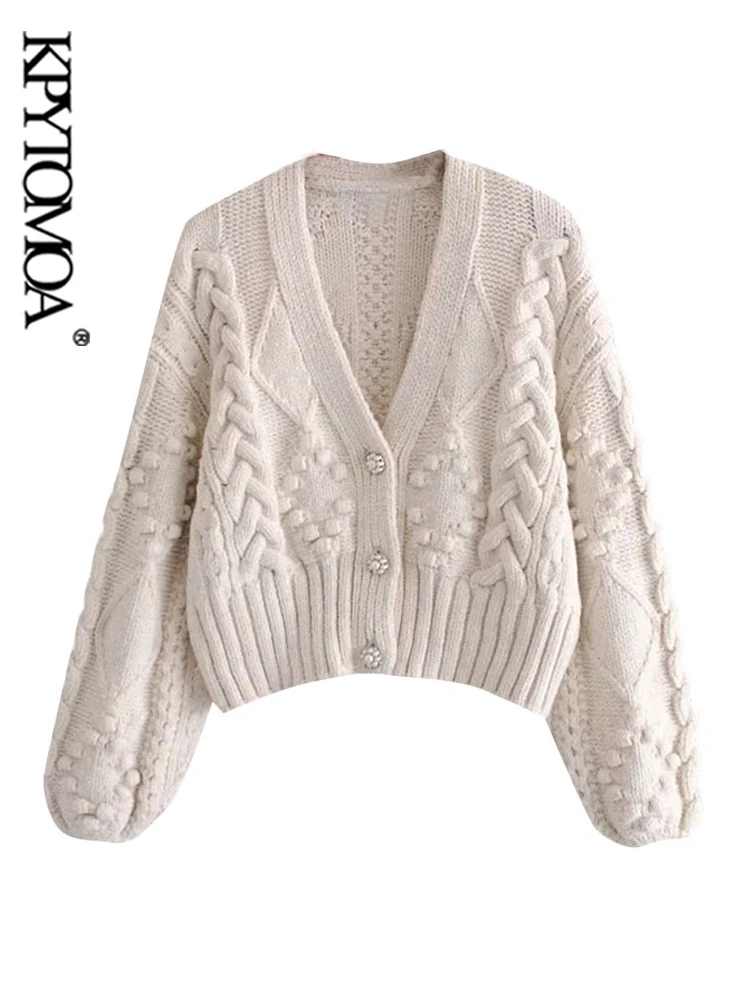 brown cardigan KPYTOMOA Women  Fashion Pompom Appliques Cropped Knitted Cardigan Sweater Vintage Long Sleeve Female Outerwear Chic Tops cardigan sweater