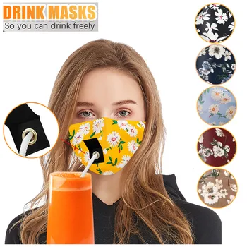 

Adult Women Protect Dustproof Cotton Face Mask Drinking Mask with Hole for Straw Anti-Dust Breathable Washable Reusable Mask#25
