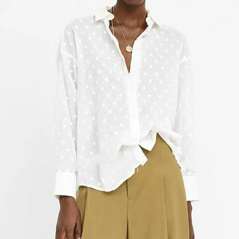 Женская новая Повседневная блуза, тонкая, прозрачная, однотонная, в белый горошек, с длинным рукавом, свободная, сексуальная, женская рубашка, осень