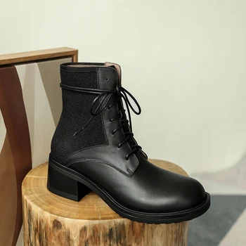 

Women Ankle Boots Genuine Leather med Heels Shoes Woman Autumn Winter Round Toe Cross-tied Motocycle Boots