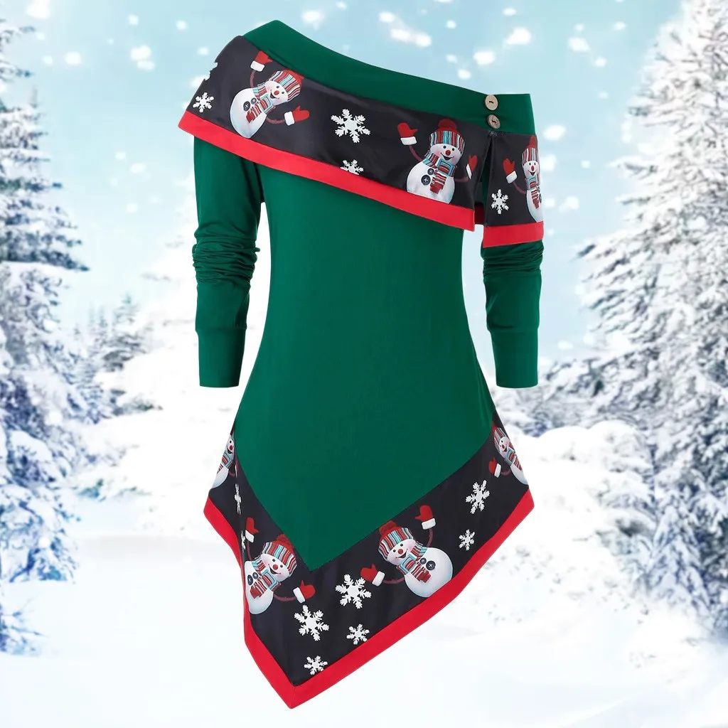 Рождественский топ с косой воротником, свитер с принтом снеговика, пуловер с длинными рукавами, свитер, Женский Рождественский костюм, модная повседневная одежда