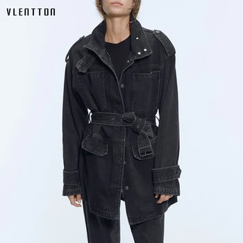 

2020 Autumn Streetwear Black Women's Jean Jacket Fashion Sashes Solid Loose Long Denim Coat Female Outwear Tops Chaqueta Mujer