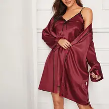 Autumn Women Nightgown Sets 2 Pieces Short Nightdress Bathrobe Female Satin Kimono Bath Gown Sleepwear Stain Wine Robes Suit