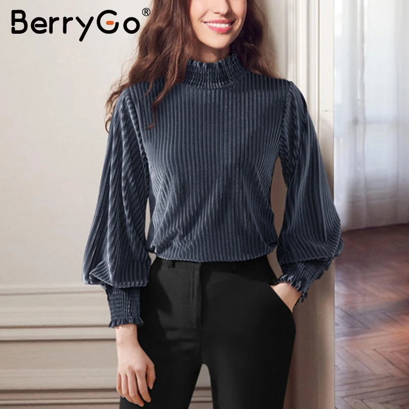 BerryGo, винтажная водолазка, полосатая бархатная блузка, женская мода, рукав-фонарик, Женский Топ, рубашки, Осень-зима, свободная женская рубашка