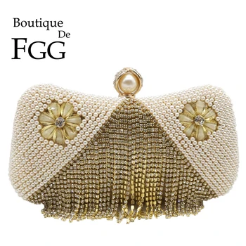 

Boutique De FGG Women Beaded Evening Purses Formal Dinner Wedding Tassel Crystal Clutch Handbags Bridal Party Rhinestones Bag