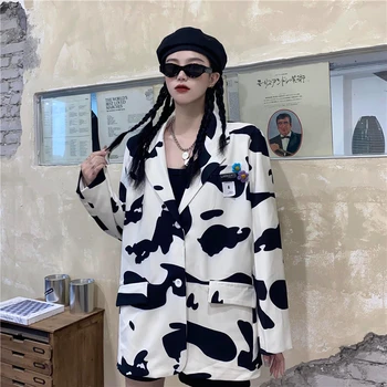 

Fall New Cow Women Blazers Korean Chic Lapel Loose Suit Jacket with Flower Brooch Female Single Breasted Blazer