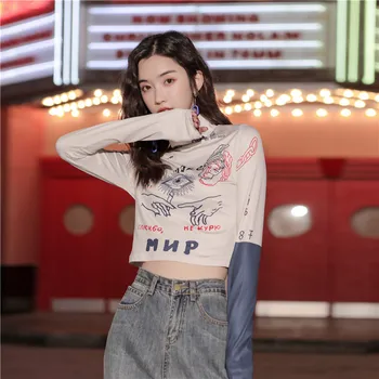 

Women's Printed Color-matching Long-sleeved T-shirt Skinny Bottoming Shirt Turtleneck Short Top Spring Autumn T-shirt Tops ML784