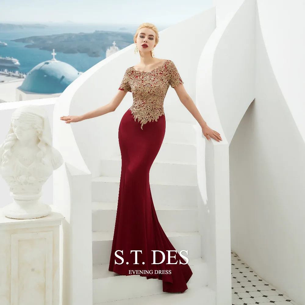 

2020 S.T.DES Chinese Style Short Sleeves O-Neck Gold Embroidery Appliques Mermaid Dress Sweep Train Evening Dress For Woman