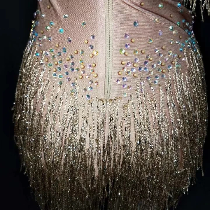 lace bodysuit Women Gold Rhinestone Tassel Latin Dance Bodysuits Sexy Nightclub DJ Pole Dance Leotard Carnival Party Stage Performance Outfits bodysuit top