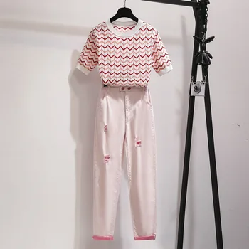 

High Quality Trouser Suit Fashion Summer Two Piece Set Women Striped Wave Knitted T-Shirt + Casual White Jeans Hole Pants Set
