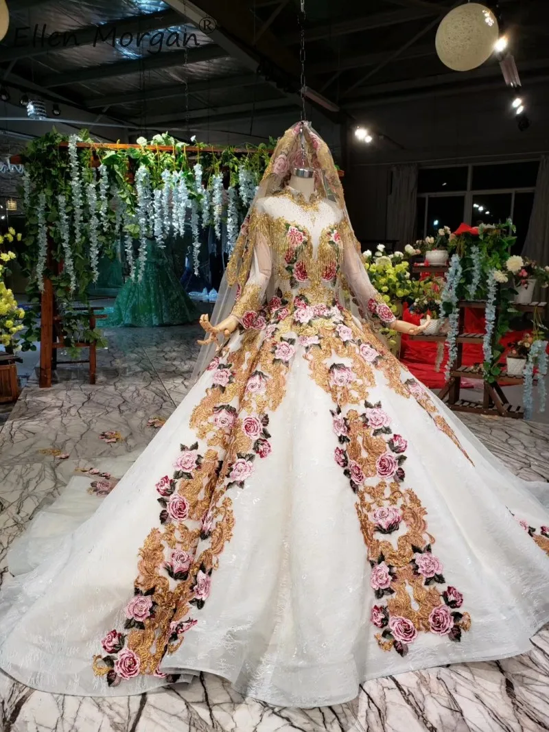 Arabic Vintage Colorful Wedding Dresses Puffy Lace High Neck Long Sleeves Applique Bridal Ball Gowns Vestido De Novia