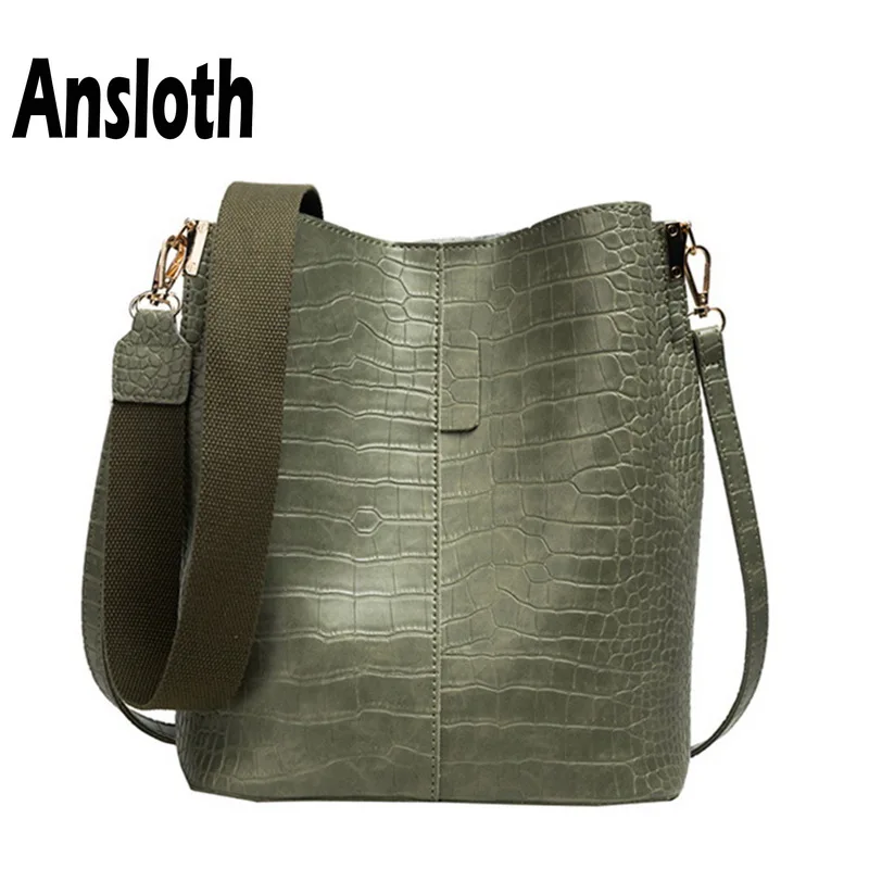 

Ansloth Luxury Crocodile Handbag Women Solid Color Bucket Bag Adjustable Shoulder Bag Lady Large Capacity Crossbody Bag HPS704
