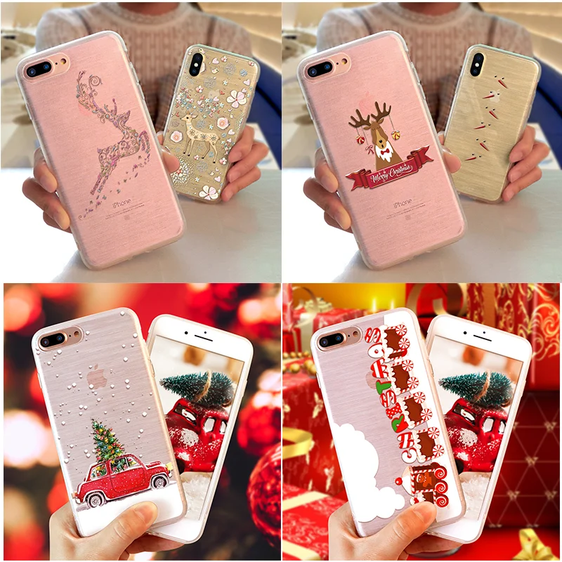 

Winter Merry Christmas Coque For iPhone XS X Cartoon Deer Train Gift Cover For iPhone 7 6 6S 5 5S Soft TPU Case For iPhone 8Plus